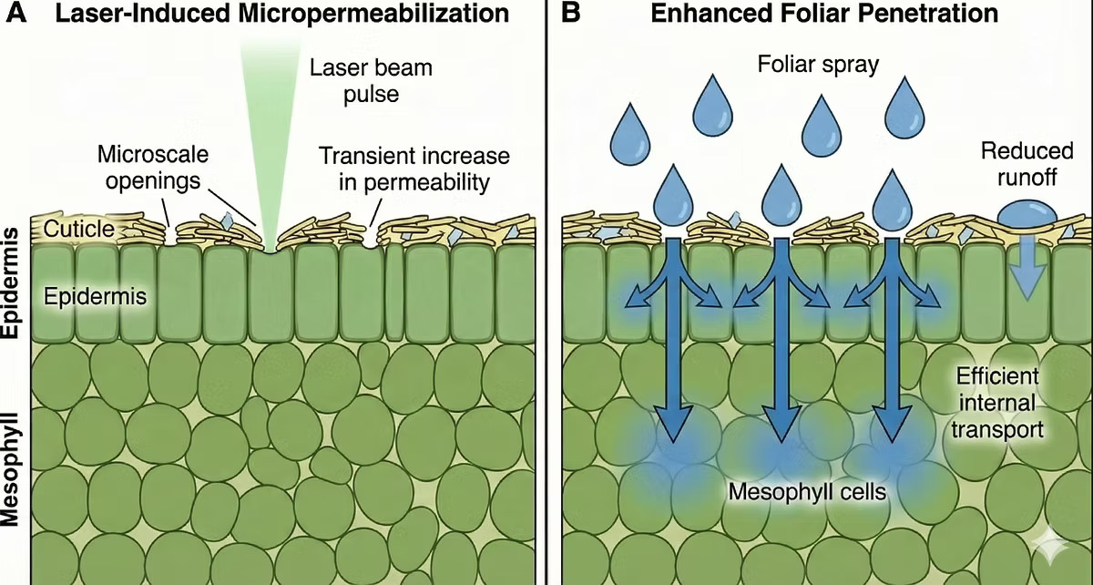 Scientific diagram: (A) Laser-induced micropermeabilization of cuticle, (B) Enhanced foliar penetration into mesophyll cells