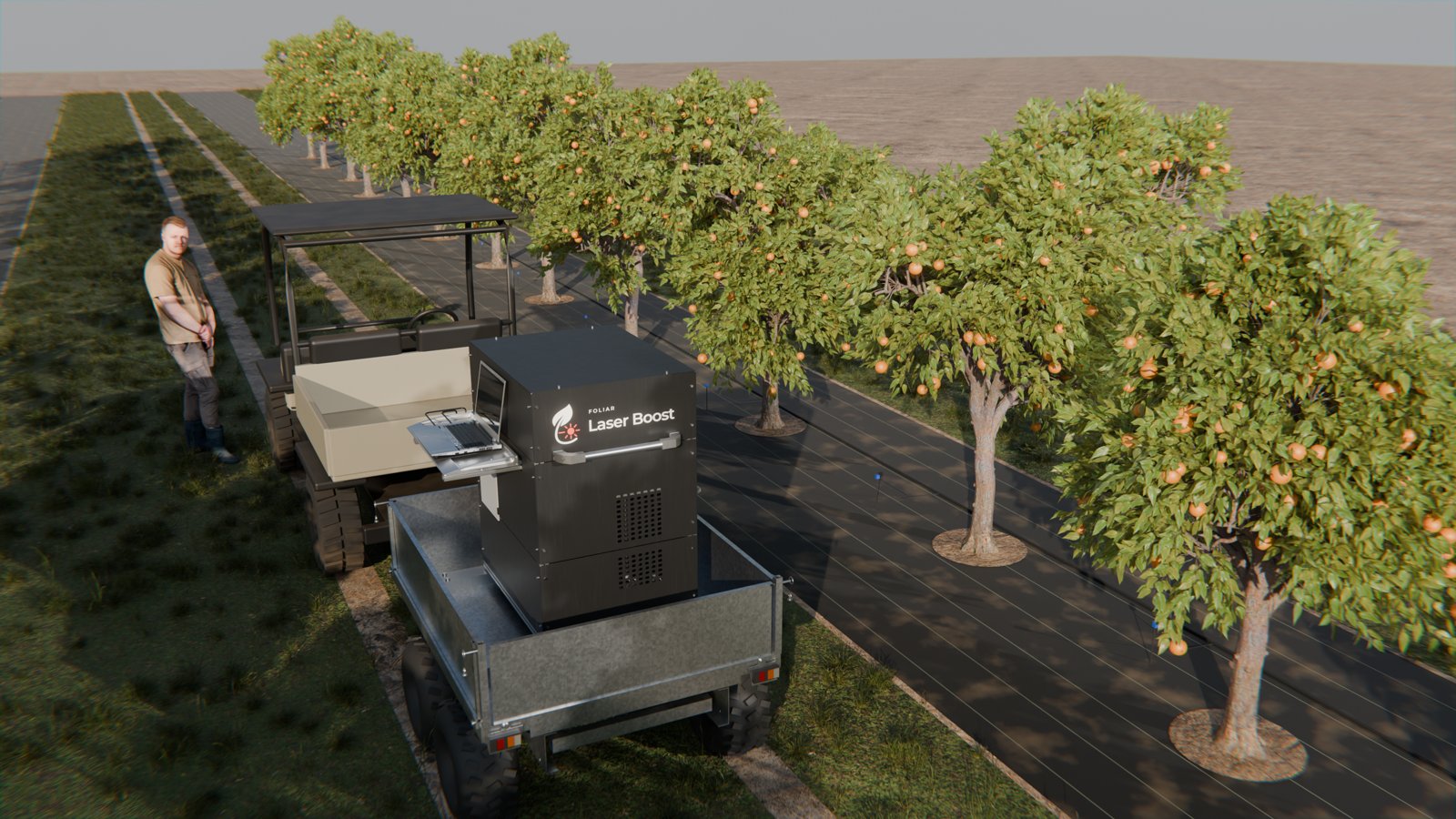 FLB-100 field prototype: Foliar Laser Boost laser unit on a towed trailer moving along a citrus grove row