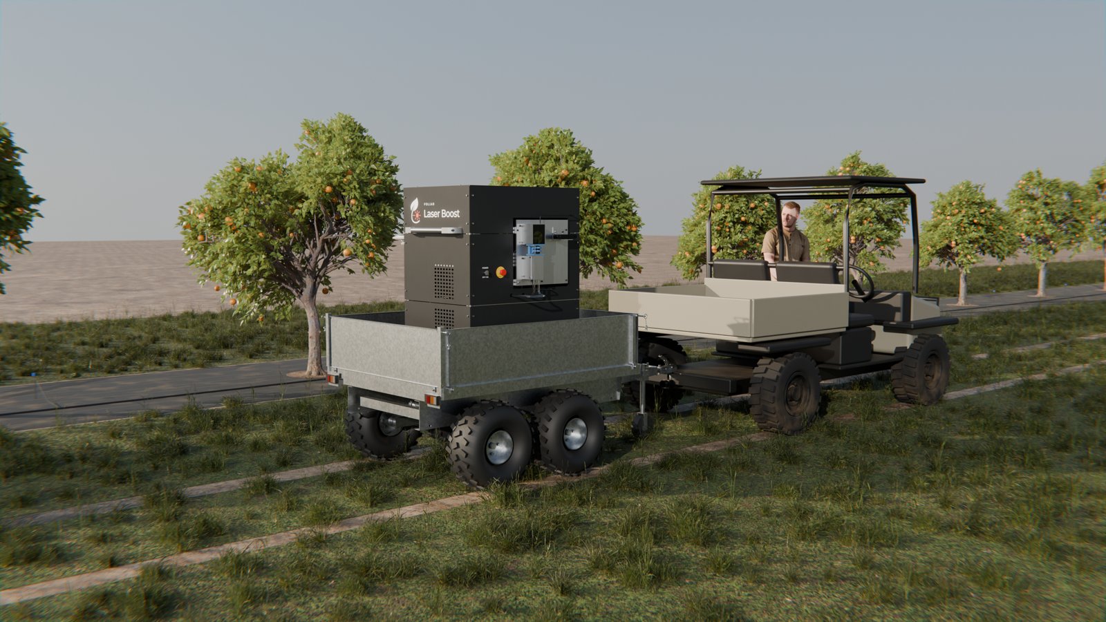 FLB-100 field prototype: side view of the laser unit on its trailer, towed by a utility vehicle