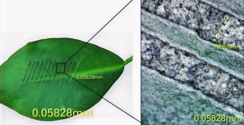 Laser micro-channel pattern — macro and microscopic view showing 0.058mm precision